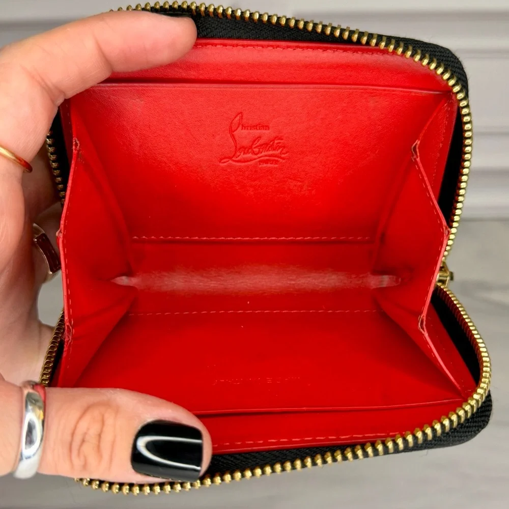 Christian Louboutin Black Leather Studded Compact Zip Wallet | COA + Dust Bag